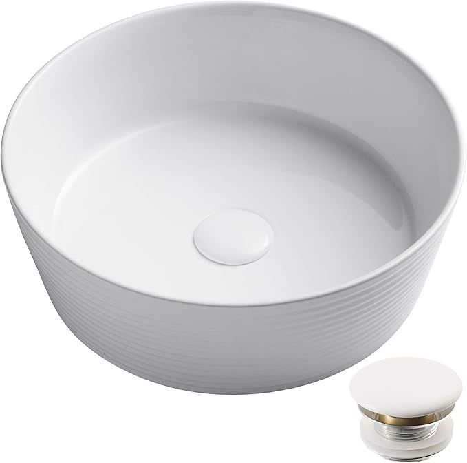 KRAUS Viva™ Round White Porcelain Ceramic Vessel Bathroom Sink with Pop-Up Drain, 15 3/4 in. D x 5 3/8 in. H, KCV-205GWH