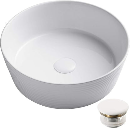 KRAUS Viva™ Round White Porcelain Ceramic Vessel Bathroom Sink with Pop-Up Drain, 15 3/4 in. D x 5 3/8 in. H, KCV-205GWH