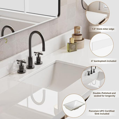 Beckford 66-Inch Brown Oak Double Bathroom Vanity with Sink, 1.5-Inch Edge Pure White Quartz Countertop & 4" Backsplash, Soft-Closing Doors & Drawers, Solid Oak Wood Construction