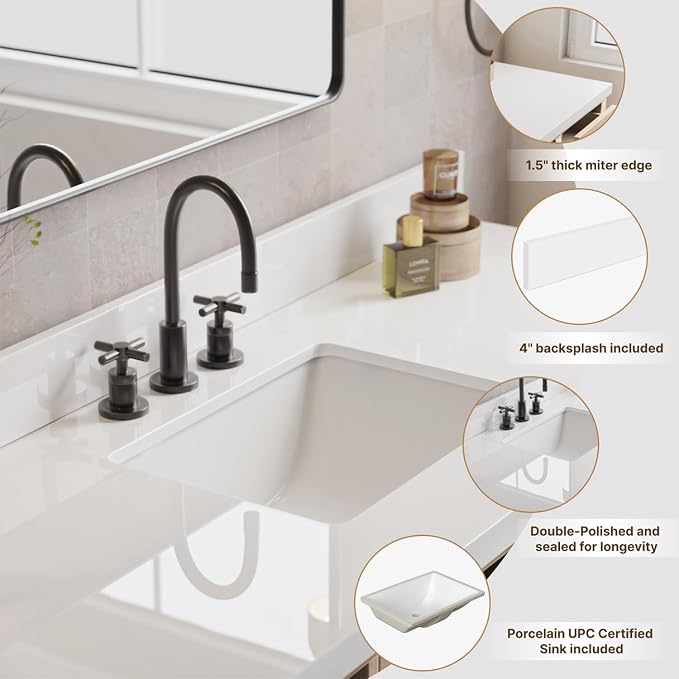 Bradford 66-Inch Grey Double Bathroom Vanity, 1.5-Inch Pure White Quartz Countertop & Backsplash, Rectangular Sinks, 2 Soft Closing Doors, 3 Dovetail Drawers, Toe Kick, Brushed Nickel