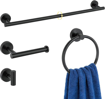 HOMOTEK 4 Pieces Bathroom Accessories Hardware Set, 24 inch Towel Bar, Towel Ring, Robe Hook, Toilet Paper Holder, Stainless Steel Rack Kit Wall Mounted, Matte Black
