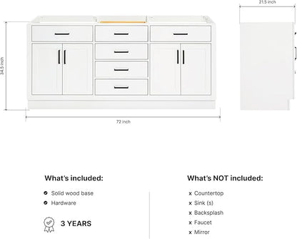 ARIEL Hepburn 72-inch Bathroom Vanity Base Cabinet,Solid Wood, 4 Soft Closing Doors, 6 Dovetail Drawers, White