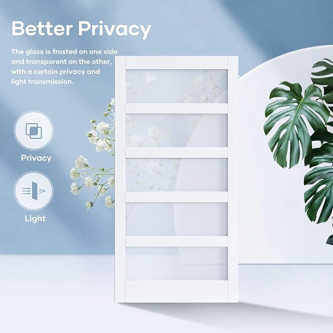 Double 42×84 Inch Glass Barn Door Slab and 14ft Hardware Kit Included, 5 Frosted Glass, LVL Wood Panel Covered with White Water-Proof Scratch-Proof PVC Surface, Simple DIY Assembly