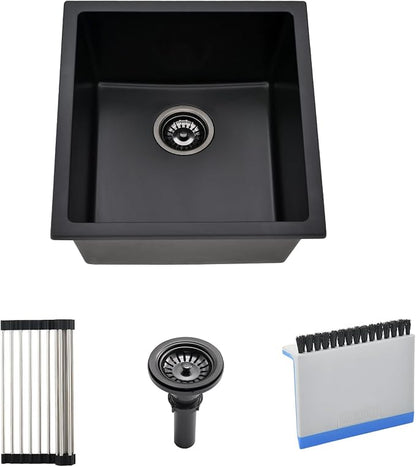 Black Undermount Bar Sink, 13 x 13 Inch | Granite Composite Quartz Small Kitchen Sink Wet Bar Single Bowl Deep Basin with Countertop Squeegee Brush Combo