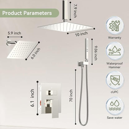 Shower Faucet Set Brushed Nickel Shower System,Bostingner Five Function Diverter Shower Faucet with 2 in 1 Handheld,10'' Ceiling Mount and 6’‘ Wall Mount Shower Head Rainfall Shower Set with Valve