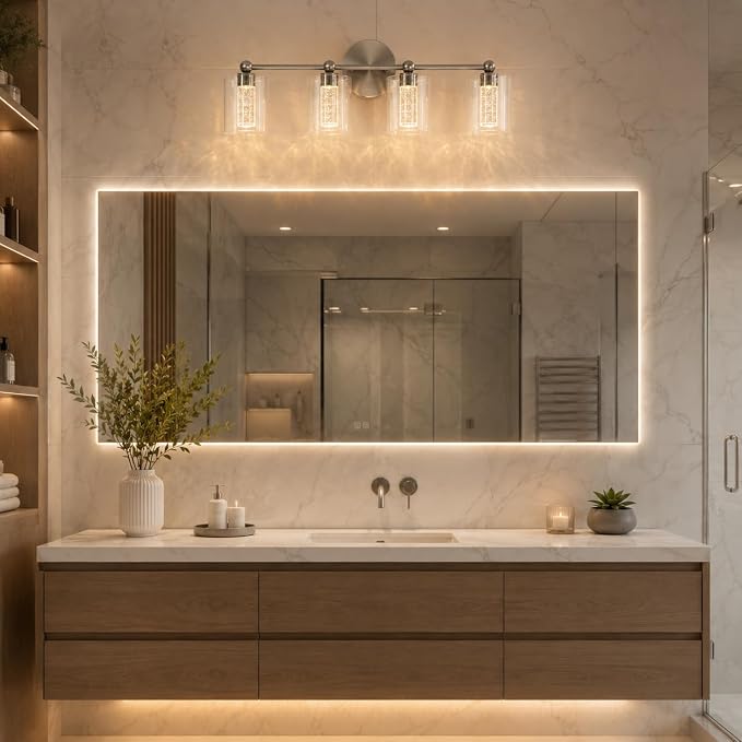 Brushed Nickel Vanity Light with 3 Color Modes, Eye Protection LED Bathroom Light Fixtures, Dimmable Modern Wall Light Over Mirror with Clear Glass Shade (Brushed Nickel, 4-Light)