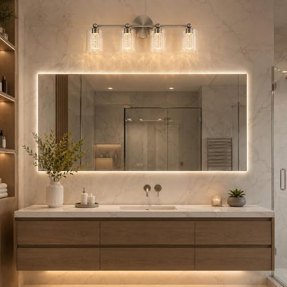 Brushed Nickel Vanity Light with 3 Color Modes, Eye Protection LED Bathroom Light Fixtures, Dimmable Modern Wall Light Over Mirror with Clear Glass Shade (Brushed Nickel, 4-Light)
