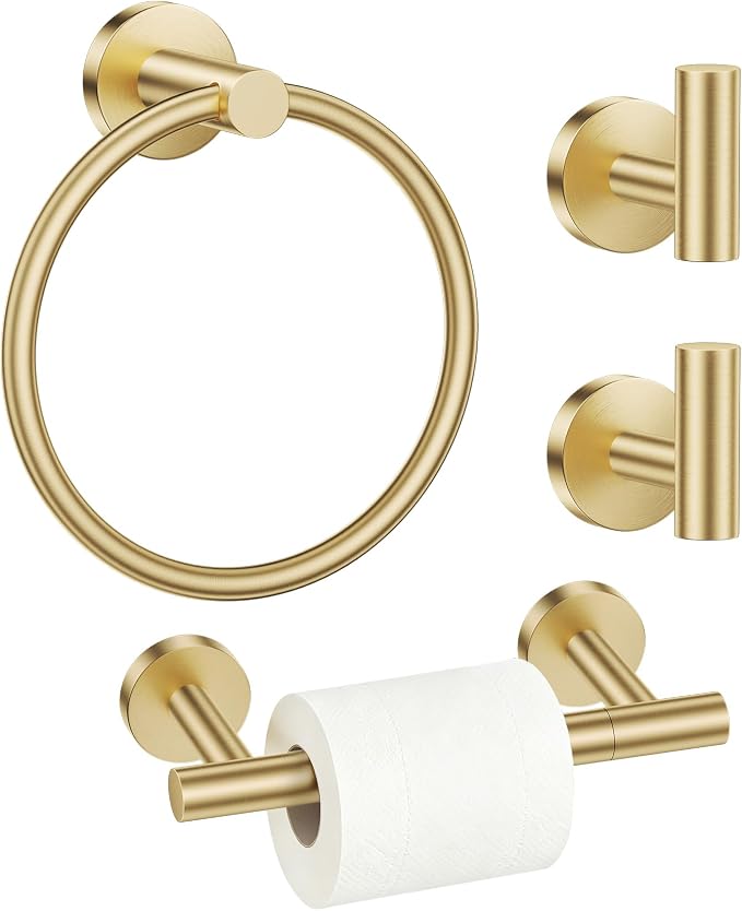TURS Brushed Gold 4-Pieces Towel Ring Set Include Towel Ring Double Base Toilet Paper Holder Towel Hook SUS304 Stainless Steel Bathroom Accessories Kit Wall Mounted