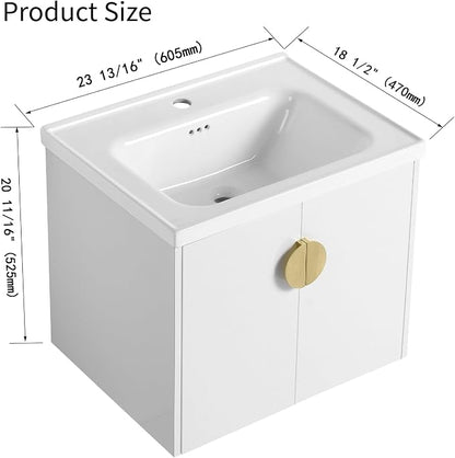 Floating Bathroom Vanity with Sink, 24" Wall-Mounted Vanity with Ceramic Basin & 2 Soft-Close Doors Cabinet, Small Bathroom Storage Cabinet with Metal Semi-Circle Handle, Gloss White