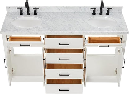 ARIEL Hepburn 66-inch Bathroom Vanity with Sink,Solid Wood, 1.5-inch Italian Carrara Marble Countertop & Backsplash, Double Oval Porcelain Sink, 4 Soft Closing Doors, 6 Dovetail Drawers, White