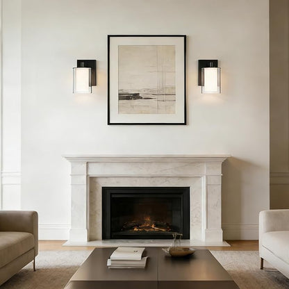Wall Sconces Set of Two, Modern Matte Black Vanity Wall Lights | Double Clear Glass Shades With E26 Base, Farmhouse Wall Lights For Bathroom, Bedroom, Living Room, Mirror And Hallway.