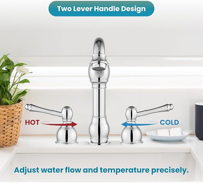 gotonovo 8 Inch Widespread Bathroom Faucets for Sink 3 Hole 2 Lever Handle Deck Mount with Pop Up Drain Hot and Cold Water Supply Lines Polish Chrome