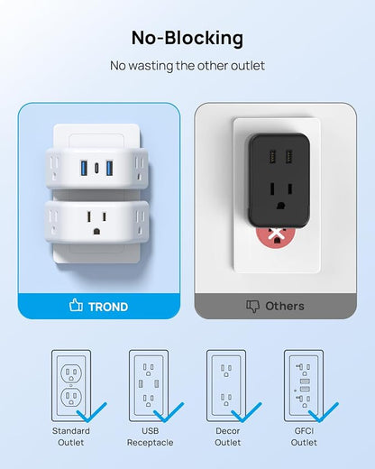 TROND Multi Plug Outlet Extender with USB, 2 Pack Plug Splitter | No Blocking with 3 Way Angled Design Outlet Adapter, Cruise Essentials, Small Multiple Expander for Travel Home Office, White