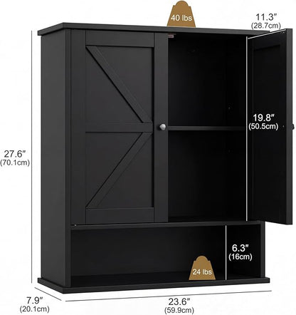 23.6" W x 27.6" H Large Black Bathroom Wall Cabinet with Adjustable Shelf, Farmhouse Medicine Cabinet with 2 Barn Doors, Wooden Over The Toilet Storage Cabinet for Kitchen, Laundry, Entryway