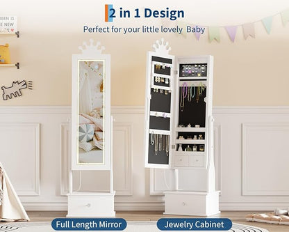 GarveeHome Kids Jewelry Armoire,Child Jewelry Cabinet with Light,Freestanding Jewelry Organizer with Full Length Mirror,3 Storage Drawer,Kids Vanity Dress Up Mirror Jewelry Cabinet for Girls(White)