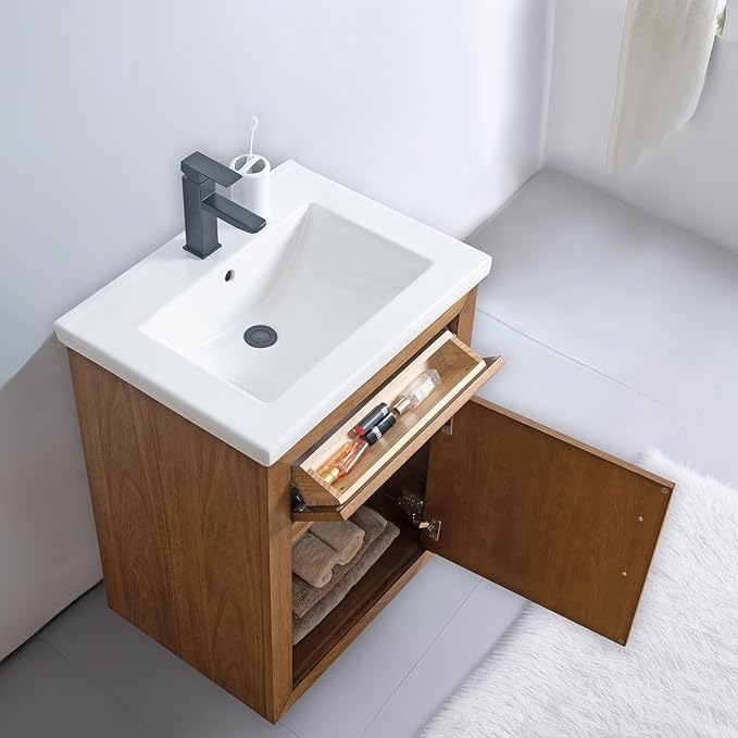 Vanity Art 24 inch Bathroom Vanity with Sink, Solid Poplar Wood, Vanity Cabinet with Doors and Removable Shelf, Modern Wood Cabinet with Marble Top, Ceramic Sink,VA70-24-T