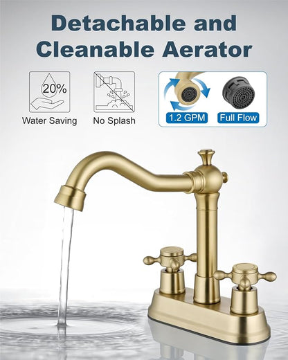 4 Inch Centerset Bathroom Sink Faucet 2 Handle Brushed Gold | Swivel Spout,Pop Up Drain,cUPC Hose,for 2 or 3 Hole Sink,Lavatory,Vintage,Farmhouse,RV,SUS304 Mixer Tap,Metal Cross Handle