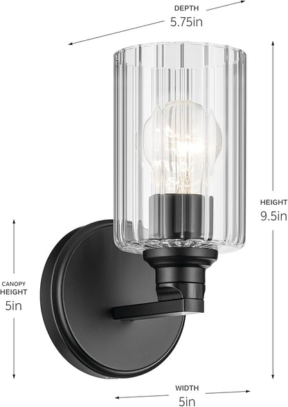 Kichler Gioe 5" 1-Light Wall Sconce with Clear Fluted Glass in Black, Damp Rated, for Powder Room, Kitchen, Hallway, Bedroom, Fireplace, (5" W x 9.5" H), 55224BKFLU
