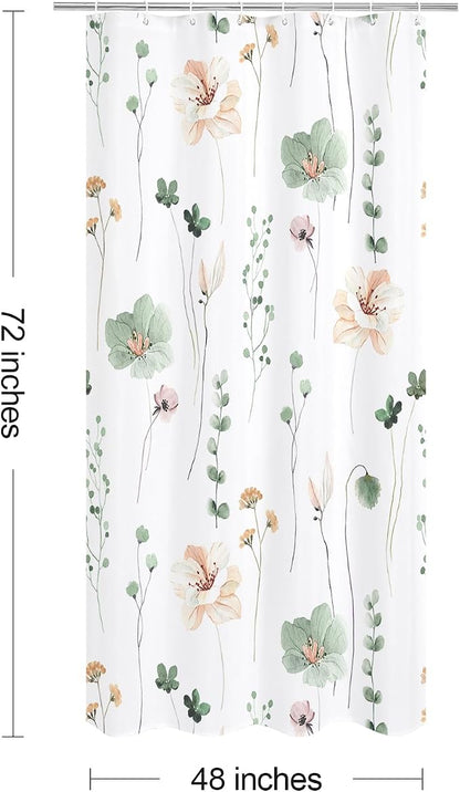 Sage Green Beige Watercolor Floral Fabric Shower Curtain, 48x72 | Waterproof Fabric, Modern Minimalist Floral Print, Machine Washable, Rustproof Grommets, for Bathroom Home, Stall