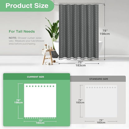 Dynamene 78 Inches Long Shower Curtain, Boho Tufted Chevron Striped Tall Cloth Shower Curtains for Bathroom, Large Hotel Spa Luxury Shower Curtain Set with Hooks, Wrinkle Free, Charcoal Grey, 72x78
