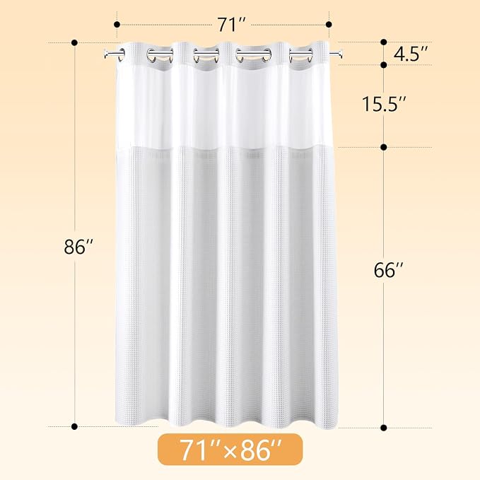 River Dream Cotton Blend Fabric Shower Curtain Set with Liner, White, 71x86 | Waffle Weave, No Hook Needed, with Snap in Replacement Liner, Top Sheer Window, Hotel Quality for Bathroom, Extra Long