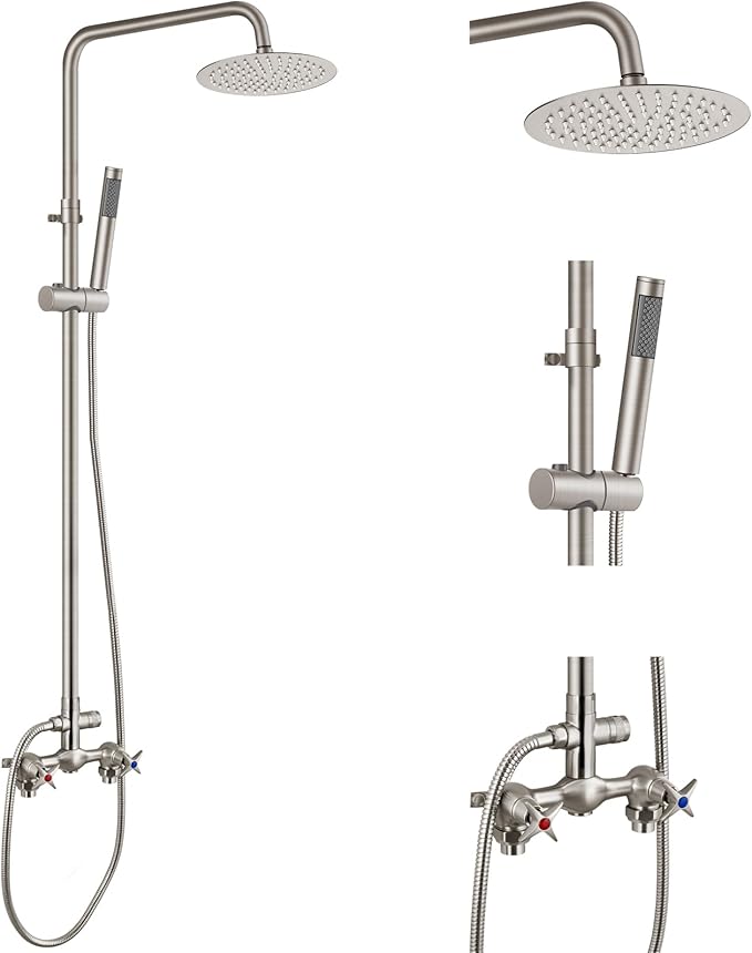 Aolemi Outdoor Shower Kit,8 Inch Rain Head and Handheld,Brushed Nickel | 2-Handle Hot and Cold Control, Adjustable Height, 6-Inch Center Valve, 59-Inch Hose, Winter Drainage Outdoor Shower Fixtures