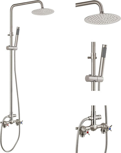 Aolemi Outdoor Shower Kit,8 Inch Rain Head and Handheld,Brushed Nickel | 2-Handle Hot and Cold Control, Adjustable Height, 6-Inch Center Valve, 59-Inch Hose, Winter Drainage Outdoor Shower Fixtures