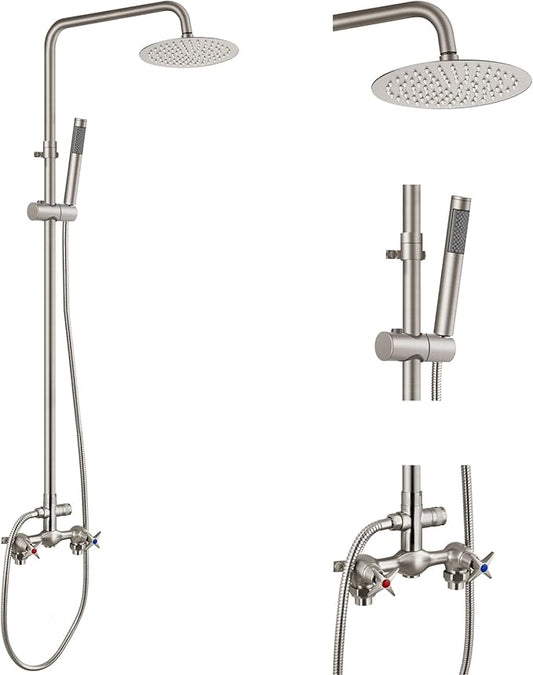 Aolemi Outdoor Shower Kit,8 Inch Rain Head and Handheld,Brushed Nickel | 2-Handle Hot and Cold Control, Adjustable Height, 6-Inch Center Valve, 59-Inch Hose, Winter Drainage Outdoor Shower Fixtures