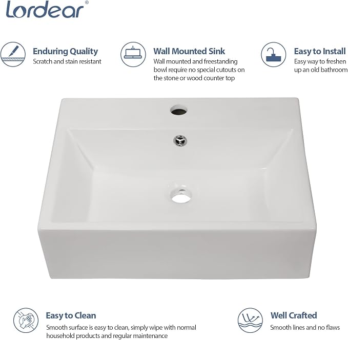 Lordear Floating Bathroom Sink Wall Mounted 21"x16" Bathroom Vessel Sinks Free Standing Wall Hung Sink Rectangle White Porcelain Ceramic Vessel Art Basin