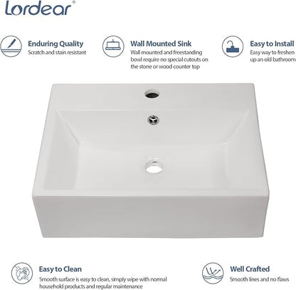 Lordear Floating Bathroom Sink Wall Mounted 21"x16" Bathroom Vessel Sinks Free Standing Wall Hung Sink Rectangle White Porcelain Ceramic Vessel Art Basin
