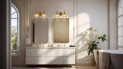 Gold Bathroom Light Fixtures, 2-Light Brass Vanity Light, Modern Sconces with Globe Clear Lampshade, Farmhouse Bathroom Lighting Fixtures Over Mirror with Metal Lamp Body, E26 Base