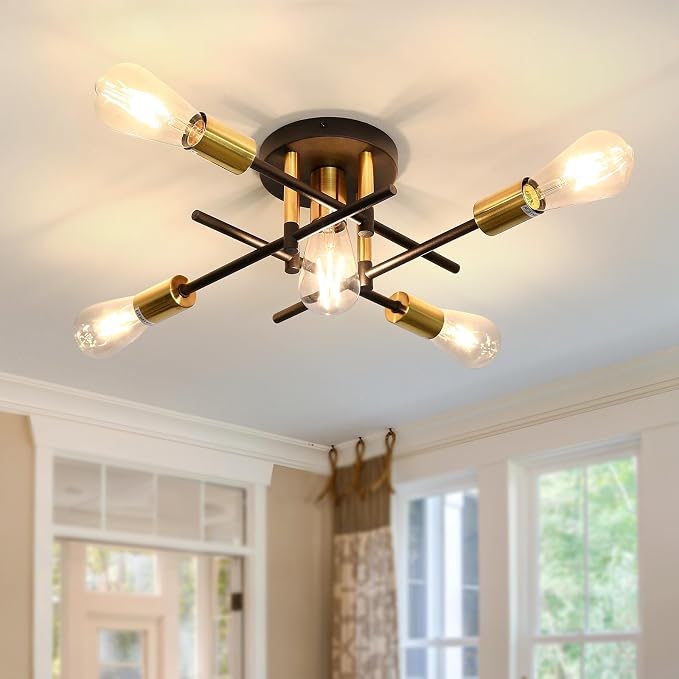 UOFUS Farmhouse 5-Light Semi Flush Mount Ceiling Light Fixture with E26 Modern Matte Black and Gold Chandelier Sputnik Ceiling Lamp for Hallway Kitchen Dining Room Bedroom Study Living Room Bathroom