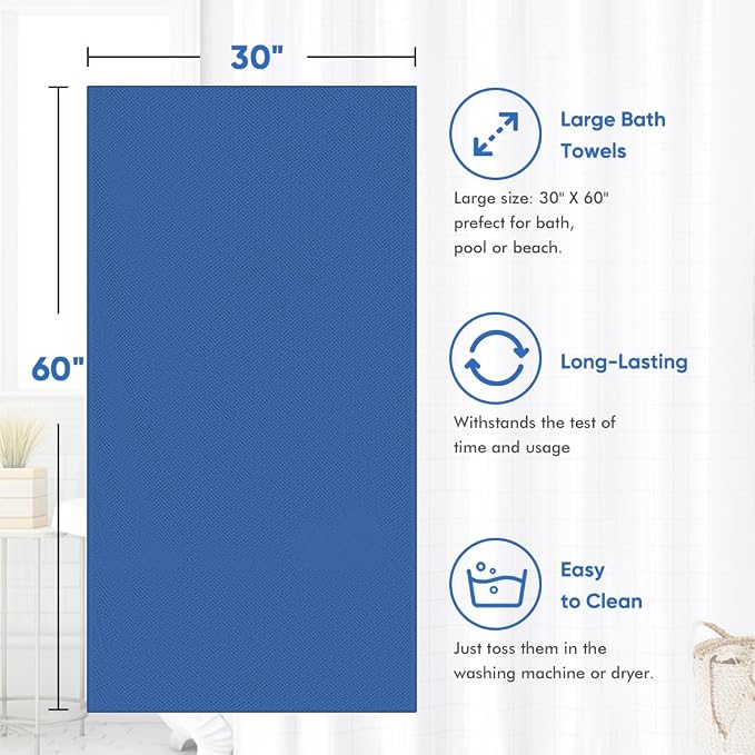HOMEXCEL 4PK Bath Towel Set, 30x60 in, Absorbent Large Towels for Bathroom | Ultra Soft, Lightweight, Quick Dry Towels for Pool, Beach, Swim, Yoga, SPA, Blue