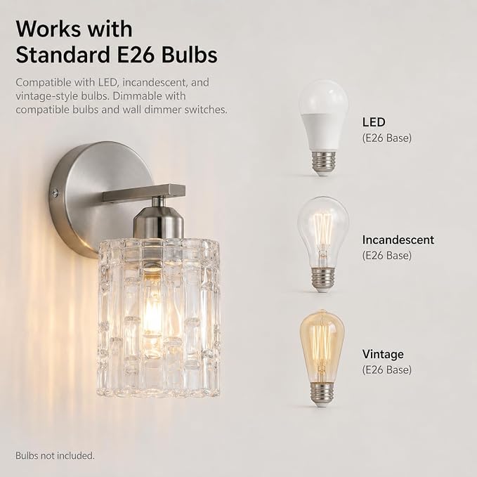 Nickel Crystal Bathroom Vanity Light Fixtures Over Mirror, 1-Light Modern Bathroom Wall Light for Bathroom, Living Room, Bedroom, Hallway
