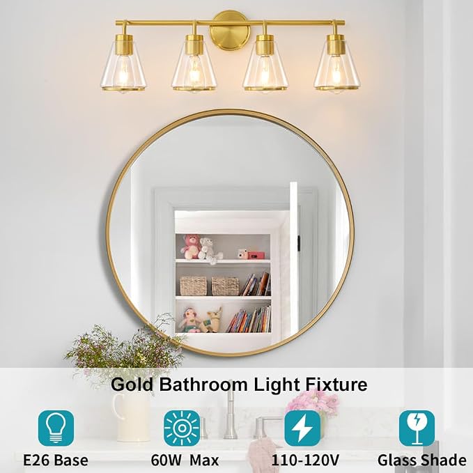 30" 4-Light Brushed Gold Modern Bathroom Vanity Light Fixtures Over Mirror | Clear Glass Shade, Heat-Resistant Ceramic E26 Socket, Wall Sconces, Rustproof, Fit 32–40 Inch Mirrors for Vanity Table
