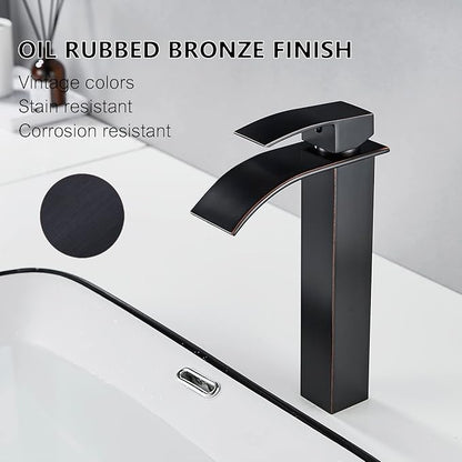 VOTON Vessel Sink Faucet Oil Rubbed Bronze Modern Tall Waterfall Bathroom Sink Faucet Single Handle Bathroom Faucet 1 Hole Bowl Lavatory Vanity Faucet, Rv Sink Camper Farmhouse Bathroom Faucet