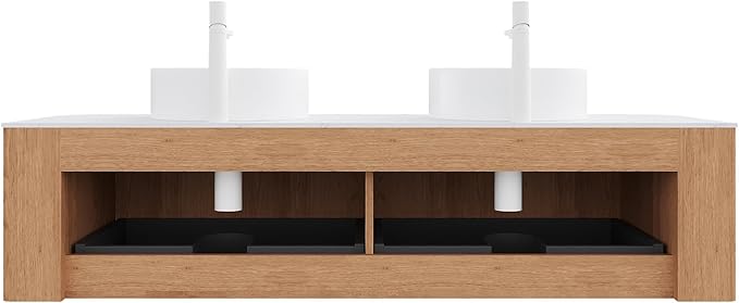 60" Bathroom Vanity with Double Sink, Floating Bathroom Vanities with Ultra-Thin Ceramic Basin and Marble Top, 2 Large Soft-Closing Storage Drawers, Pre-Assembled Cabinet, Nature Wood