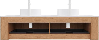 60" Bathroom Vanity with Double Sink, Floating Bathroom Vanities with Ultra-Thin Ceramic Basin and Marble Top, 2 Large Soft-Closing Storage Drawers, Pre-Assembled Cabinet, Nature Wood