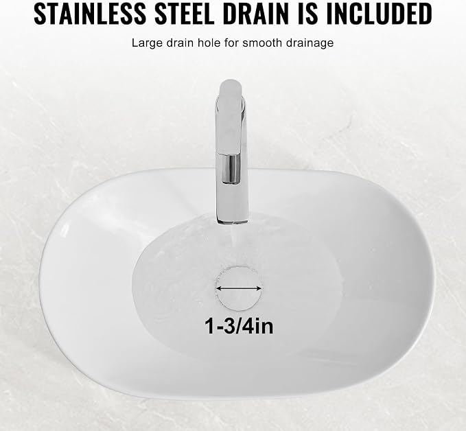VEVOR Oval Vessel Sink with Bathroom Sink Drain, 23.3" x 14.2" Bathroom Vessel Sink Bowl Countertop, White Ceramic Bathroom Sinks Above Counter,Well-Packaged for Bathroom, Hotel, Toilet, RV