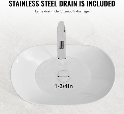VEVOR Oval Vessel Sink with Bathroom Sink Drain, 23.3" x 14.2" Bathroom Vessel Sink Bowl Countertop, White Ceramic Bathroom Sinks Above Counter,Well-Packaged for Bathroom, Hotel, Toilet, RV