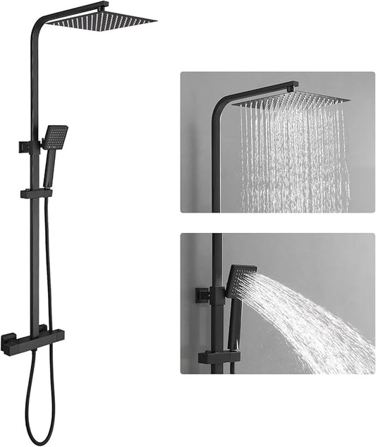 Homevacious Wall Mount Outdoor Shower Kit 9 Inch Rainfall Shower Head Handheld Spray Single handle Center Exposed Shower with Square Shower Head Matte Black