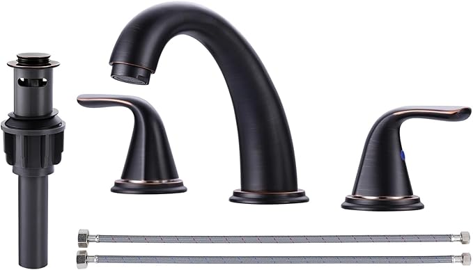 Aleasha Bathroom Sink Faucet 3 Holes Oil Rubbed Bronze, Widespread Bathroom Faucet, Washroom Faucets with Pop Up Drain, Washroom Sink Faucets with 304 Stainless Steel Lead-Free Hose