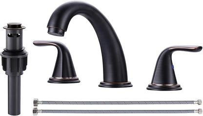 Aleasha Bathroom Sink Faucet 3 Holes Oil Rubbed Bronze, Widespread Bathroom Faucet, Washroom Faucets with Pop Up Drain, Washroom Sink Faucets with 304 Stainless Steel Lead-Free Hose