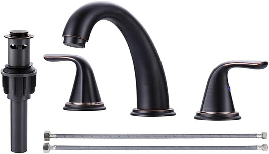 Aleasha Bathroom Sink Faucet 3 Holes Oil Rubbed Bronze, Widespread Bathroom Faucet, Washroom Faucets with Pop Up Drain, Washroom Sink Faucets with 304 Stainless Steel Lead-Free Hose