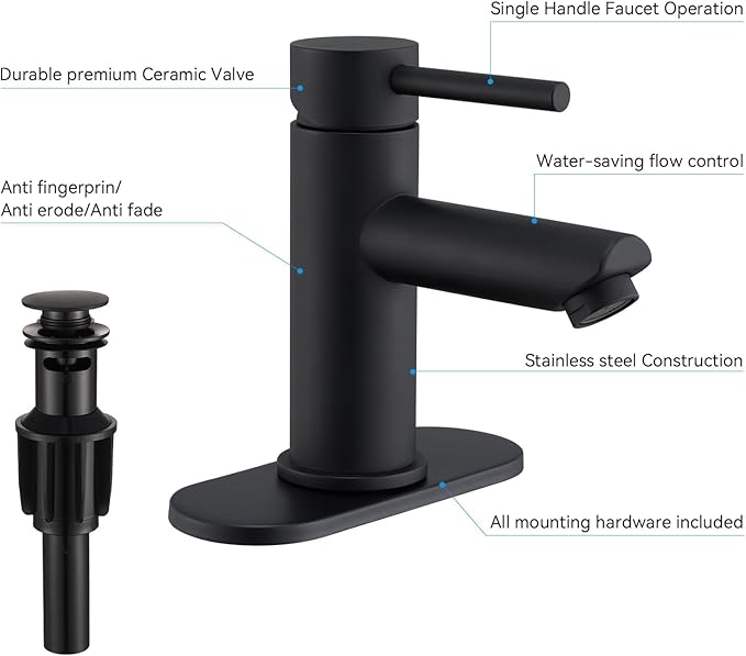 Bathroom Faucets with Pop Up Drain, Stainless Steel Single Handle Bathroom Sink Faucets with Water Faucet Supply Lines for Farmhouse RV Vanity(Matte Black)
