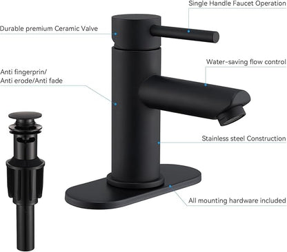 Bathroom Faucets with Pop Up Drain, Stainless Steel Single Handle Bathroom Sink Faucets with Water Faucet Supply Lines for Farmhouse RV Vanity(Matte Black)