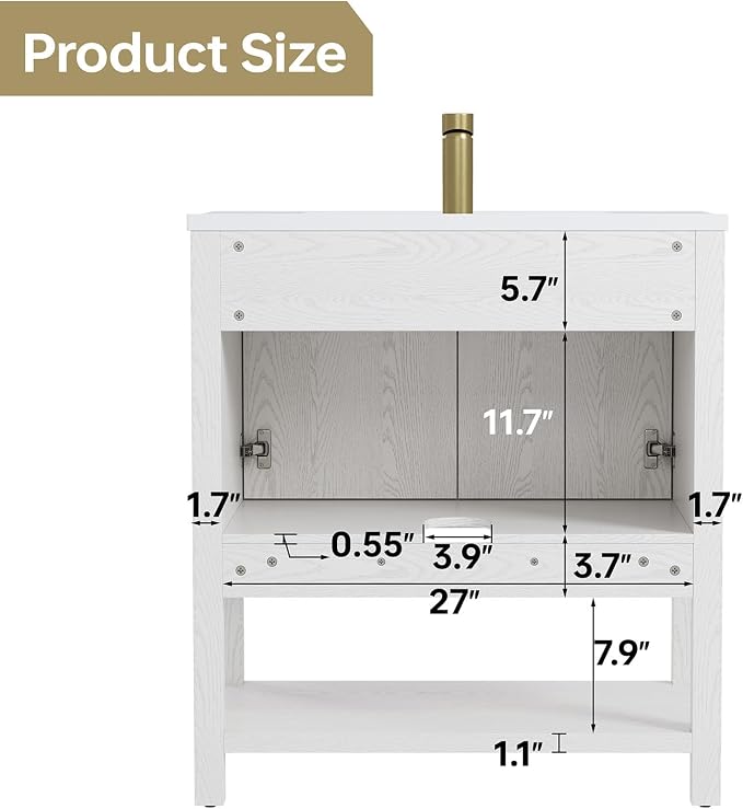 30 Inch Modern Bathroom Vanity with Sink, White | Freestanding Vanity Cabinet with Soft-Close Door, Open Storage Shelf, Gold Handles & Adjustable Feet