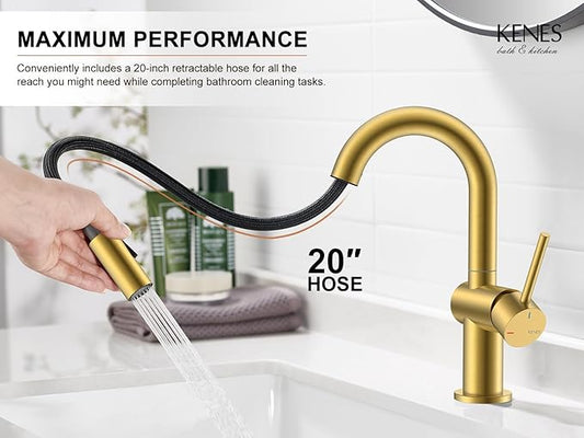 KENES Brushed Gold Single Handle Bathroom Faucet with Pull Out Sprayer, Pull Down Bathroom Sink Faucet with Sprayer, Vanity Bar Faucet with Pop Up Drain & Deck Plate, KE-9065B-4