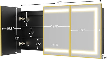 ROOMTEC 60 x 32 Inch Medicine Cabinet Mirror with LED Lights, Gold Bathroom Medicine Cabinet with Mirror and Storage, Recessed or Wall Mount, 3 Color Temperature, Dimmable Light