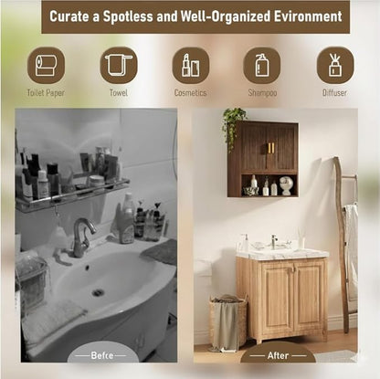 Bathroom Storage Cabinet, Medicine Cabinet with Adjustable Wood Shelf & Doors, Over The Toilet Storage Cabinet for Laundry Room & Kitchen & Living Room (Walnut)